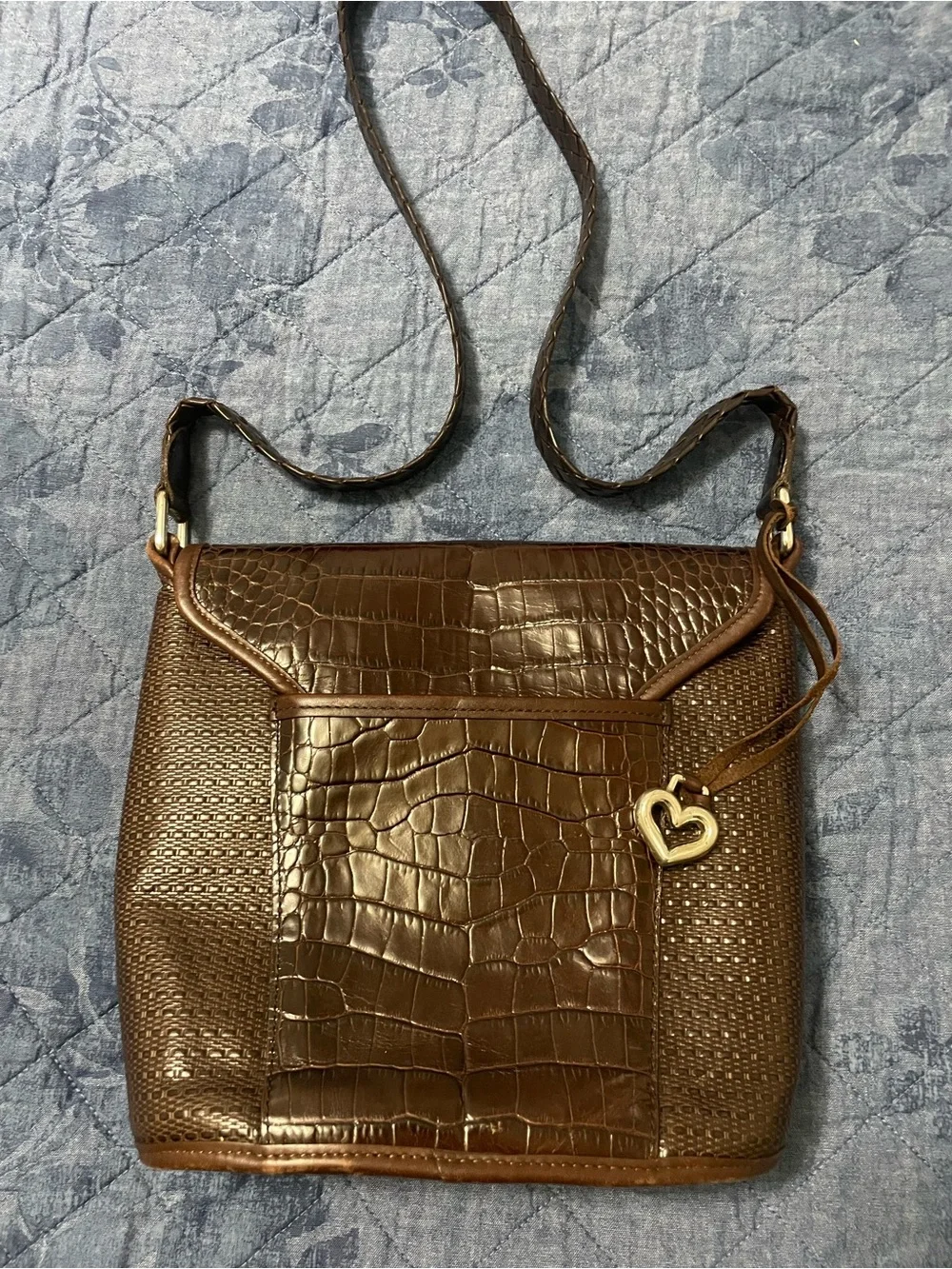Brighton Brown Croc-Textured Shoulder Bag with Gold Accent